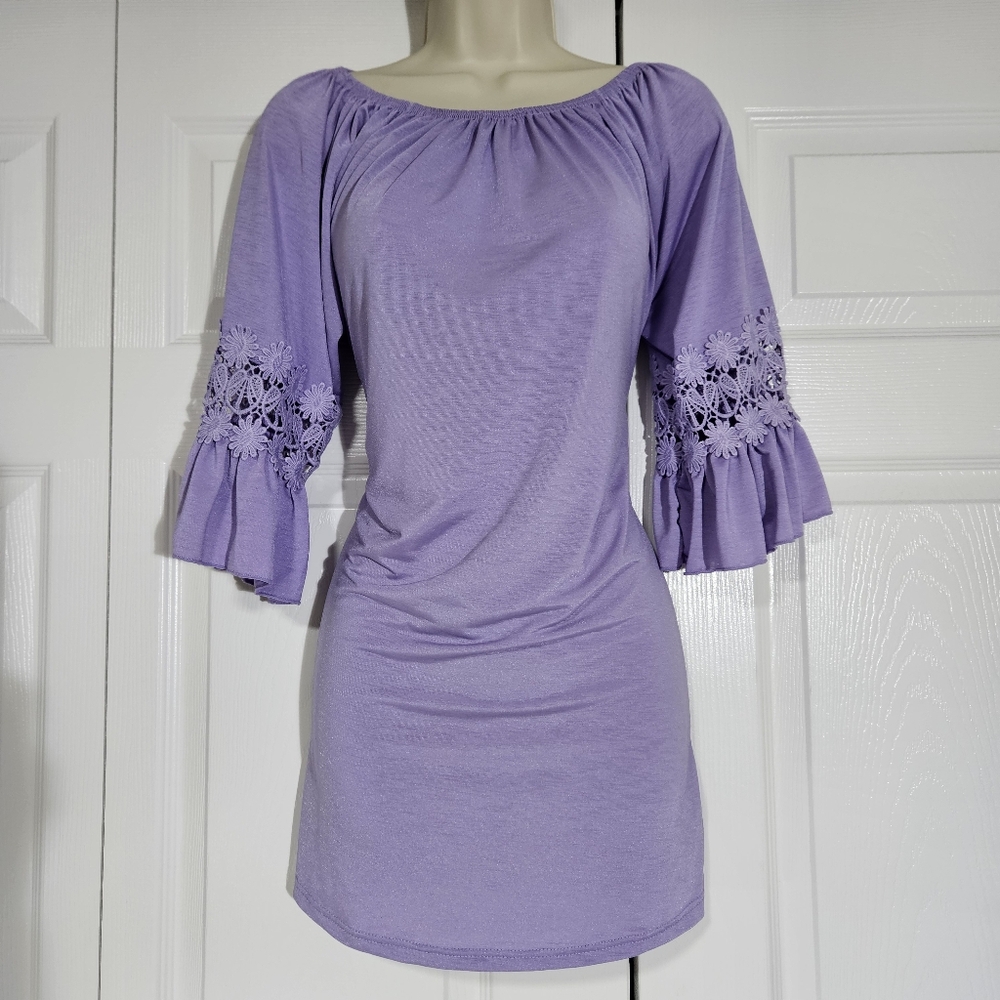 WIN WIN Lavender Off-Shoulder Dress with Lace Sleeves